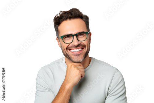 Studio portrait of handsome young Caucasian Americana man wear glasses and casual shirt with a beautiful smiling isolated on transparent png background.