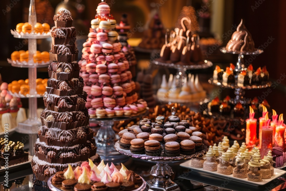 Extravagant dessert table adorned with towering cakes, delicate macarons, and cascading chocolate fountains.