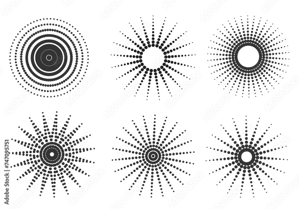 Set of halftone round dotted frames. Design element for frame, logo, web pages, prints, posters, template.