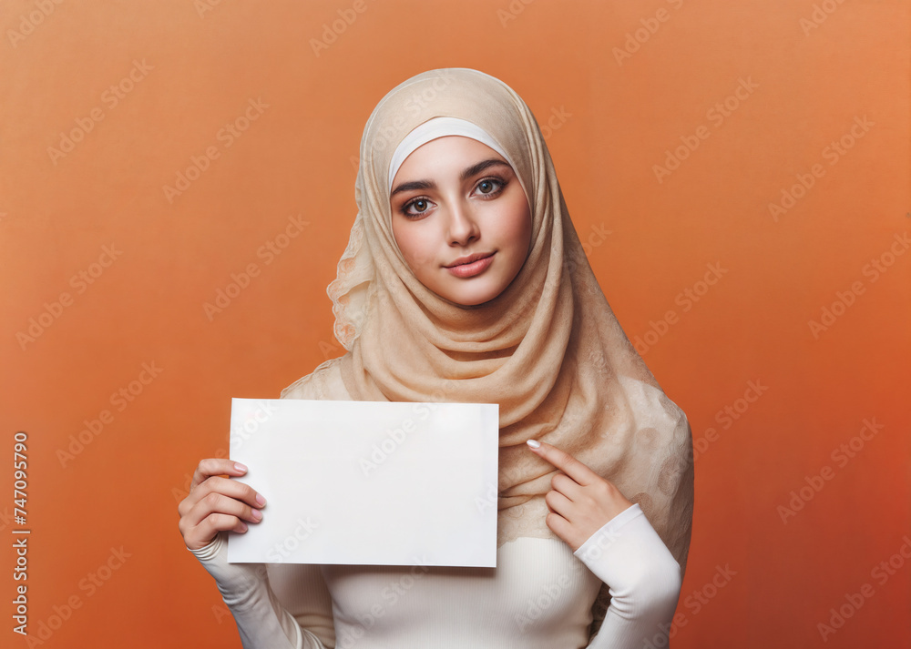 Muslim woman in beige hijab and white sweater, holding a blank sign against an orange background. Muslim woman in beige hijab and white sweater, holding a blank sign against an orange background.