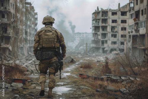 Soldier walking through devastated city. Generative AI