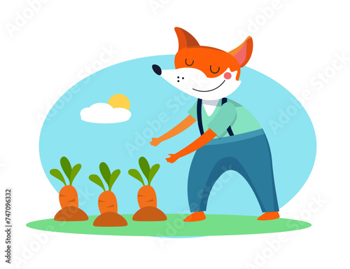 Cute flat cartoon fox with carrot vegetables. Farm and garden, plants. Scene for stickers and design. Vector flat isolated illustration on white background.