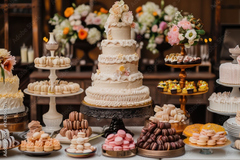 Extravagant dessert table adorned with towering cakes, delicate macarons, and cascading chocolate fountains. 