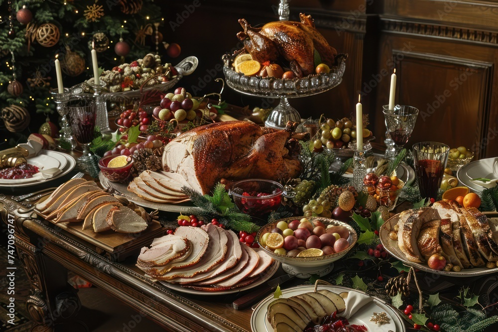 Festive holiday table adorned with roast turkey, glazed ham, cranberry sauce, and all the trimmings. 