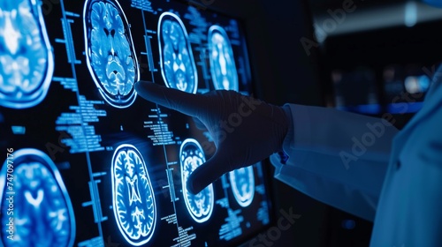 Doctor working with x-ray image of brain in the hospital. AI. photo
