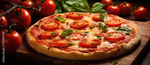 A freshly baked pizza is displayed on top of a rustic wooden cutting board. The pizza is topped with melted cheese and assorted toppings, creating a delicious and inviting appearance.