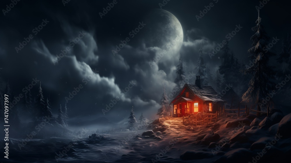 Snow covered mountain cabin with cozy atmosphere, chimney smoke, and warm glowing windows - obrazy, fototapety, plakaty 