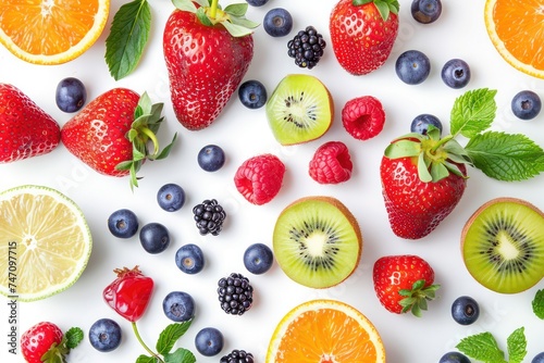 Fresh fruits and berries on white background. Fruit concept. Flat lay  copy space 