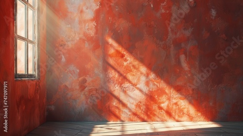 Sunlight streaming through a window  casting a warm glow on a freshly painted wall.