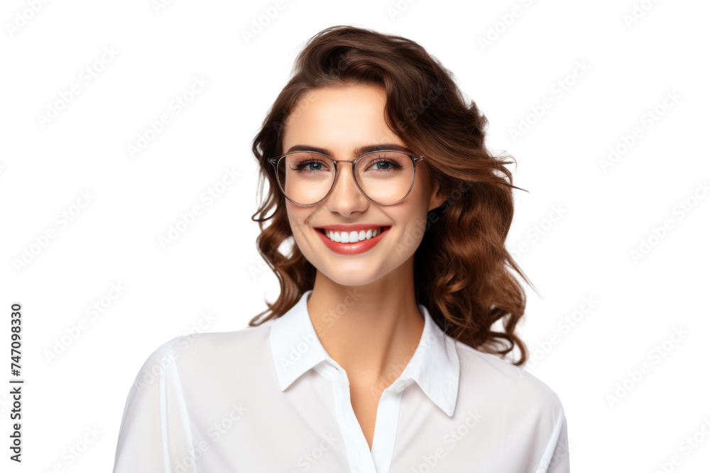 Studio portrait of a beautiful young Caucasian Americana business woman wear glasses and casual shirt with an attractive smile, isolated on transparent png background.