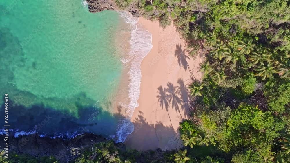 Playa Onda Samana - Remote Beach With White Sands And Crystal-clear Turquoise Waters In Dominican Republic. aerial topdown shot