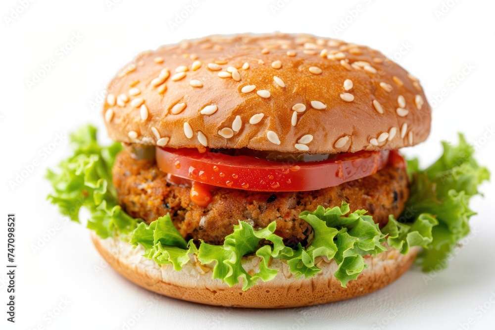 Fresh vegan burger with plant based meat free cutlet isolated on white background Fresh vegan burger with plant based meat free cutlet isolated on white background