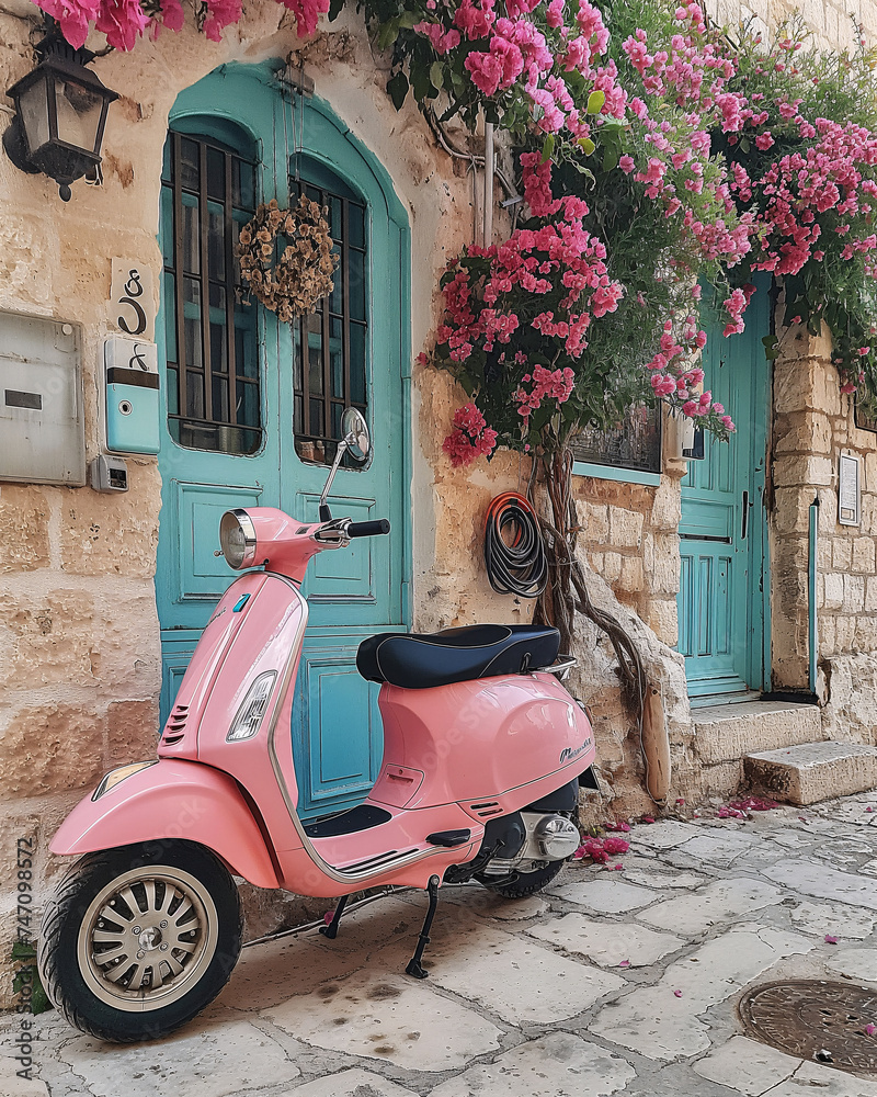 Charming pink scooter in front of a rustic door. A vintage pink scooter parked in a quaint old street adorned with vibrant flowers and rustic blue doors