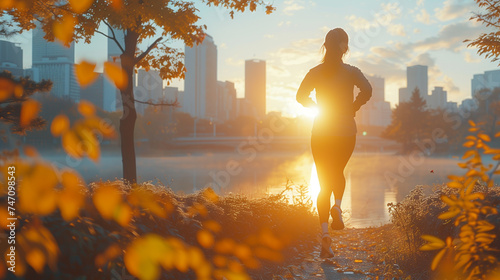 A solitary figure jogging towards the sunrise in a city park during the fall season, with golden leaves around.