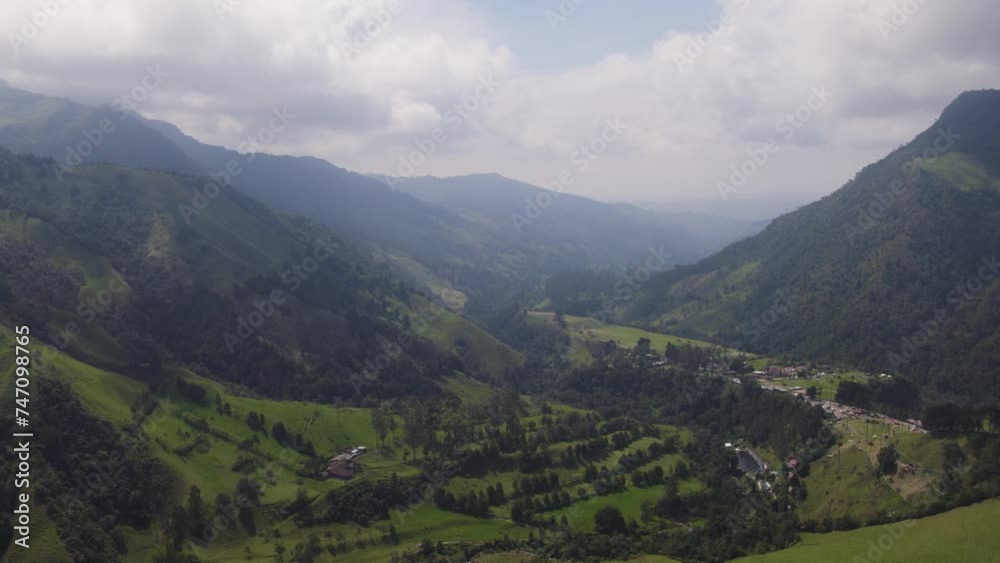 Panoramic Aerial Establishing Overview of Wide Valley and Deep River Under Cloudy Sky Panoramic Aerial Establishing Overview of Wide Valley and Deep River Under Cloudy Sky