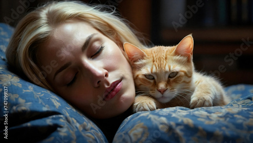 A peaceful woman finds solace in the warm embrace of her feline companion, Bonding With Animals