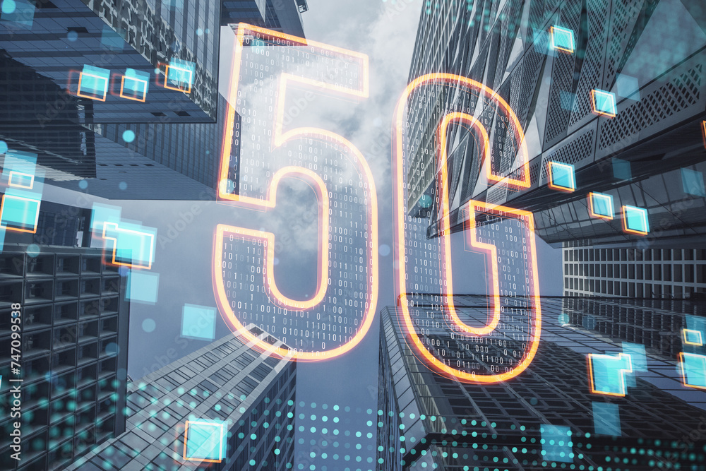 Obraz premium A dazzling visual of 5G wireless network technology with holographic elements integrating with a city's architecture, symbolizing advanced connectivity
