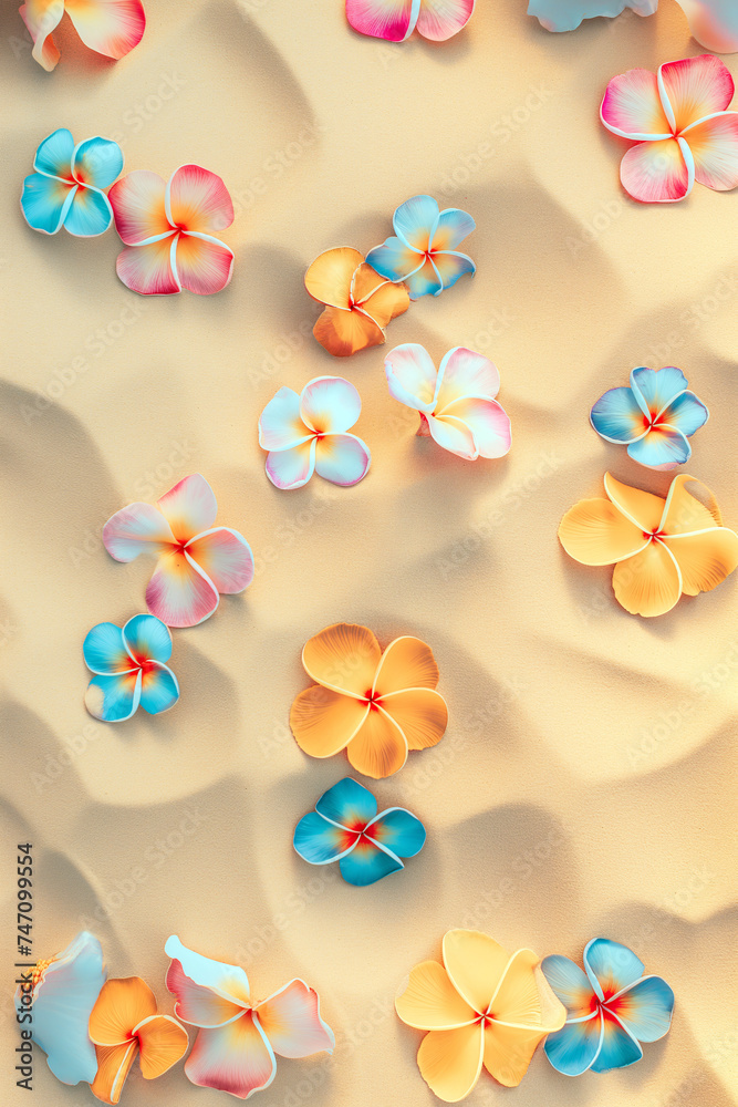 Colorful frangipani flowers on sand texture. Top view of vibrant frangipani flowers artistically arranged on a sand background, creating a tropical feel