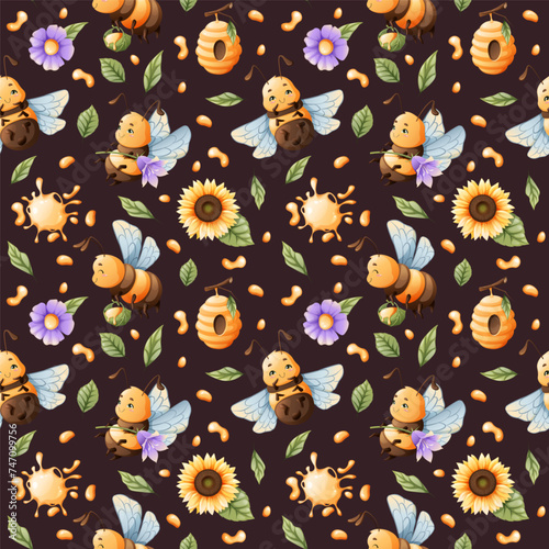 Seamless pattern with honey bees with flowers and honey. Children's fabric design. Summer illustration. Sweet bee floral print.