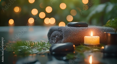 Towel on fern with candles and black hot stone on wooden background. Hot stone massage setting lit by candles. Massage therapy for one person with candle light. Beauty spa treatment and relax concept. photo
