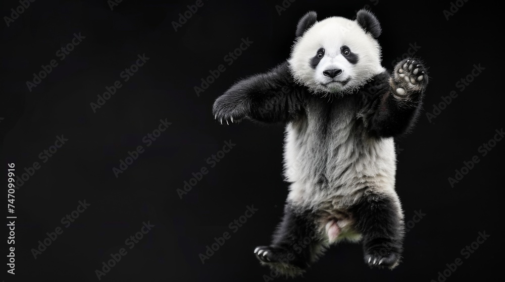 Panda jump on a black background. Flying animal. Panda jump on a black background. Flying animal.