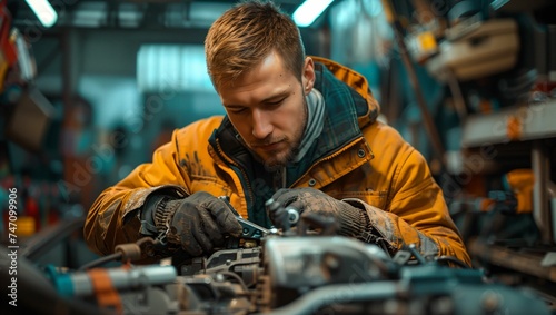 Mechanic is repairing broken car engine in garage, solving problems of car engine