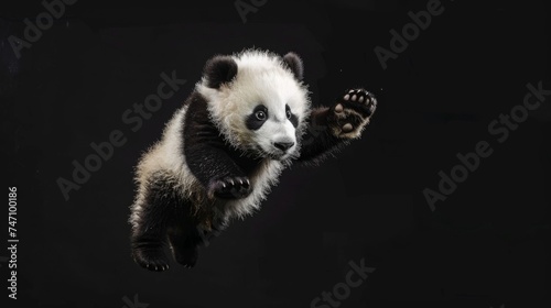 Panda jump on a black background. Flying animal.