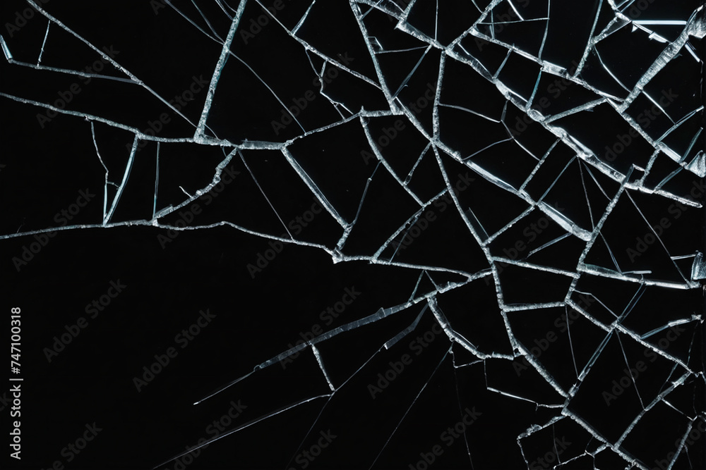 Cracked glass object on black background, smashed glass texture, shards of broken glass on black wallpaper