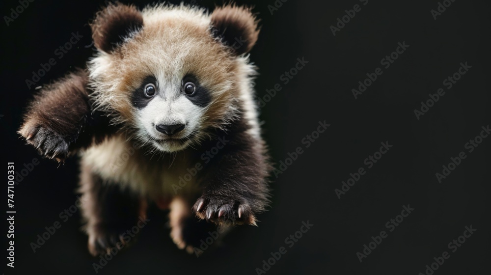 Panda jump on a black background. Flying animal. Panda jump on a black background. Flying animal.