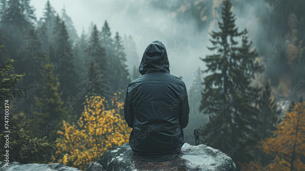Person in a rain jacket sits contemplatively on a rock, overlooking a misty forest in the rain. Person in a rain jacket sits contemplatively on a rock, overlooking a misty forest in the rain.