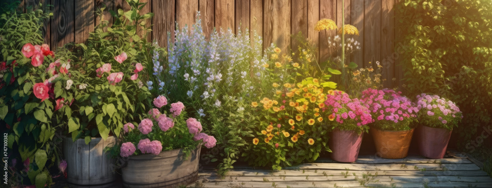 Muchas flores diferentes en macetas de madera al aire libre en el jard?n AI-generated