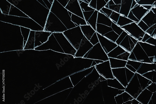 Cracked glass object on black background, smashed glass texture, shards of broken glass on black wallpaper