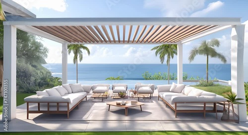 luxury deck on grass plain with white bio climatic pergola. Cozy sofa set with coffee table, palm trees and relaxing sea view photo