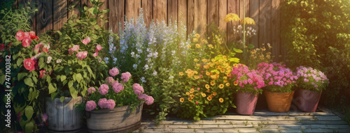 Muchas flores diferentes en macetas de madera al aire libre en el jard?n AI-generated