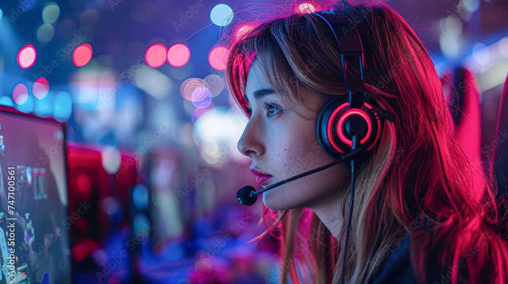 Engaged female e-sports player with headset at a gaming event, deeply focused on the screen. Engaged female e-sports player with headset at a gaming event, deeply focused on the screen.