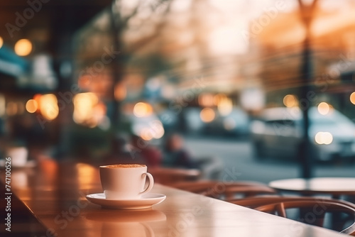 A cup of coffee sitting on top of a wooden table in an abstract blurred city setting.