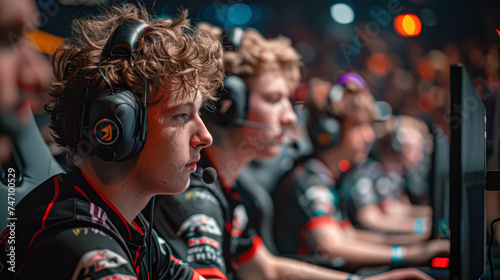 Focused e-sports gamer with headset in a lineup, intensely concentrated during a competitive match.