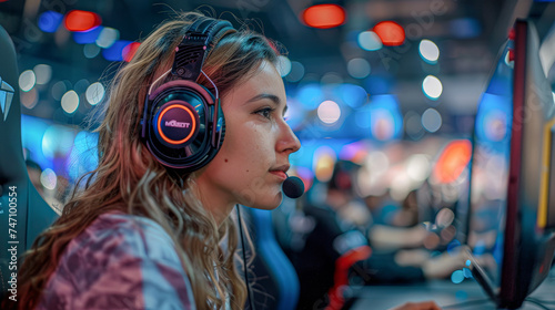 Engaged female e-sports player with headset at a gaming event, deeply focused on the screen.