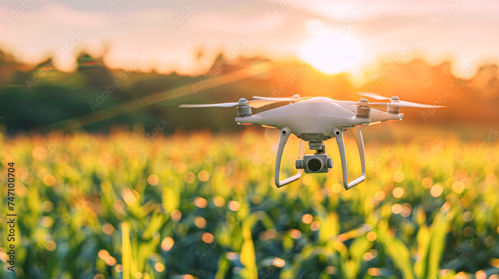 Drone sprays fertilizers on a lush cornfield under the sunlight, highlighting modern agricultural practices. Drone sprays fertilizers on a lush cornfield under the sunlight, highlighting modern agricultural practices.