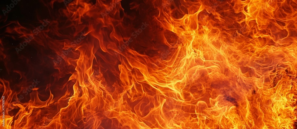 Obraz premium An amber-hued flame dances fiercely in a close-up shot, highlighting the intense heat and beauty of the geological phenomenon on a pitch-black background.