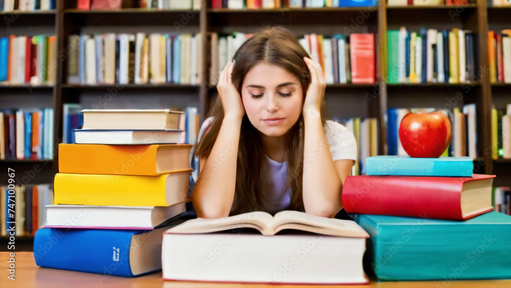Junge Studentin die gelangweilt und müde vom lernen ist . Vor ihr jede menge Bücher . KI Generated Junge Studentin die gelangweilt und müde vom lernen ist . Vor ihr jede menge Bücher . KI Generated
