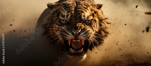 A close-up shot of a tiger baring its teeth with its mouth wide open, showcasing its powerful jaws and fierce expression. The image captures the raw strength and predatory nature of the tiger in photo
