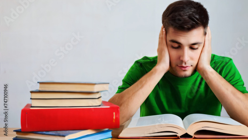 Junger Student der gelangweilt und müde vom lernen ist . Vor ihm jede menge Bücher . KI Generated 