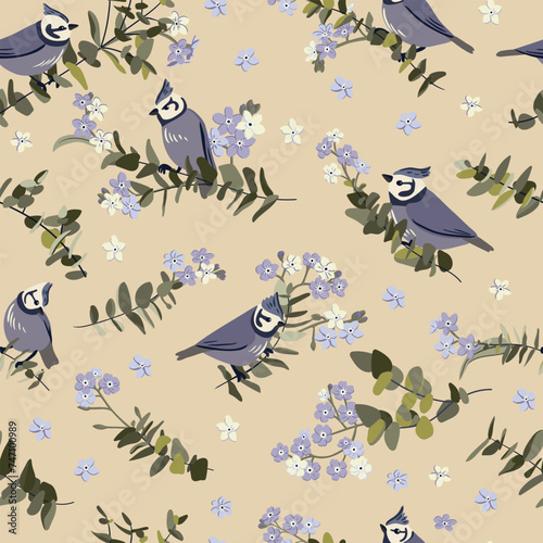 vector seamless pattern with drawing birds, flowers and tree branches with leaves, hand drawn crested tits, natural cover design