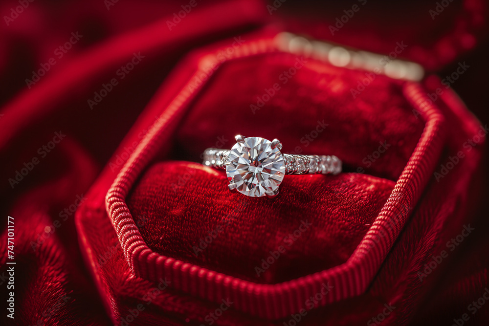 top view close up engagement diamond ring on red velvet box top view close up engagement diamond ring on red velvet box