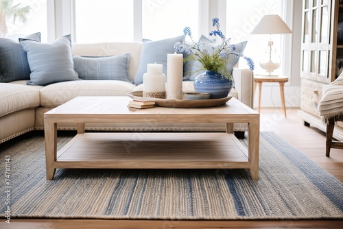 Coastal Chic: Wooden Coffee Table and Coastal Rug in a Kitchen Inspired by the Sea