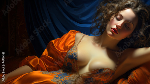 Beautiful, sensual and erotic woman posing on couch. Laid relaxing. Valentines Day digital backdrop, romantic. Chicago style stylish portrait of elegant woman , luxury gracefully