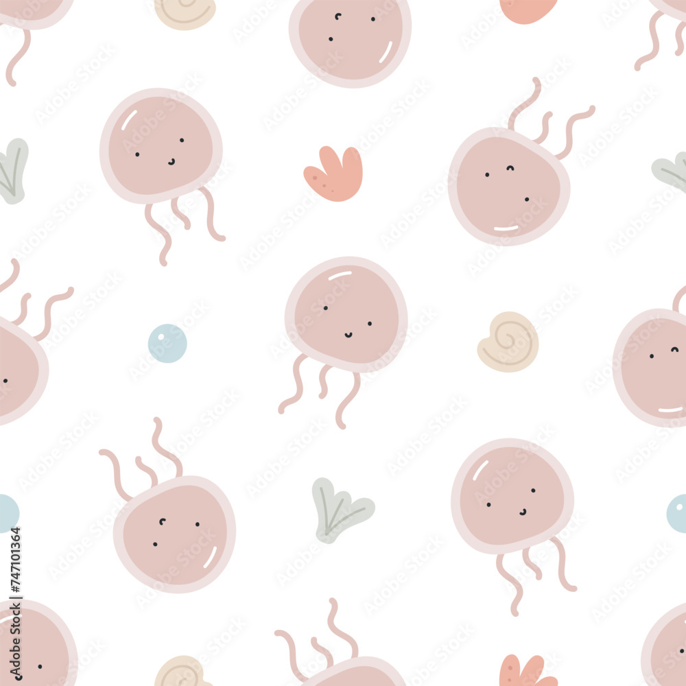 Seamless pattern with cute jellyfish. Sea character. For for kids design, fabric, wrapping, cards, textile, wallpaper, apparel. Isolated vector cartoon illustration in flat style on white background.