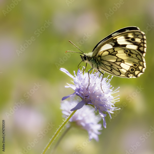 Marbled White butterfly in the backlight on a Field Scabiosa photo