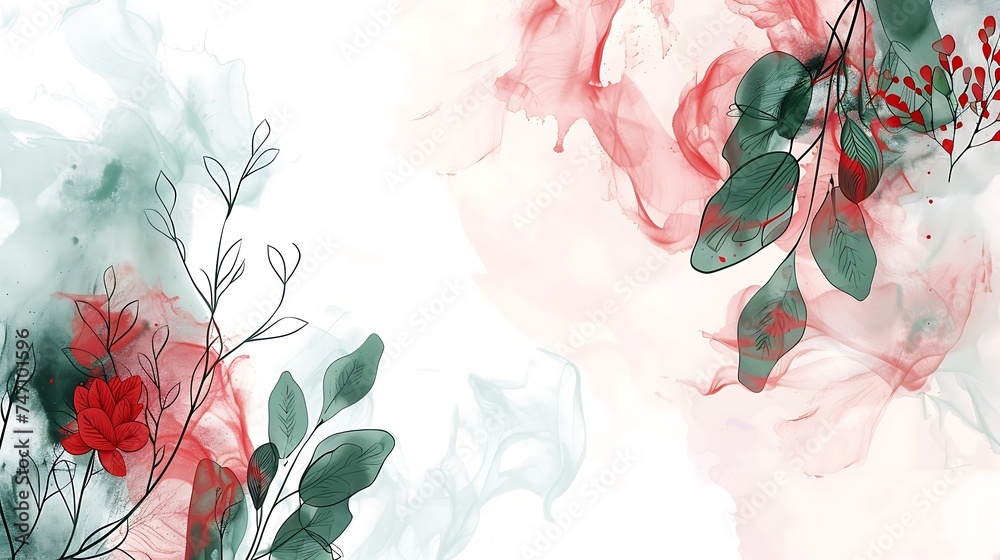Floral hand drawn background. Botanical line art wallpaper with flowers, branches and eucalyptus leaves. Design in red and green shades watercolor. Generative Ai
